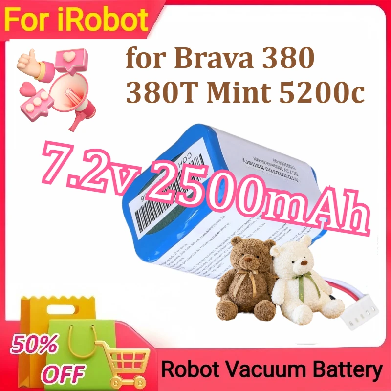 

for IRobot Roomba for Brava 380 380T Mint 5200c Ni-MH Upgrade 2500mAh 7.2V Rechargeable Battery 1-4pcs 7.2v 2500mAh