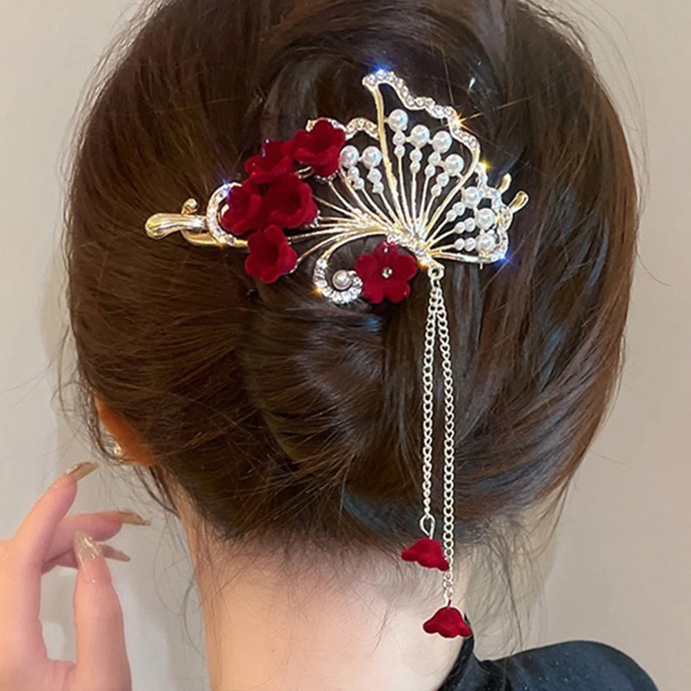 

Camellia Hair Clips Pearl Floral Accessories for Women Bridal Wedding Hanfu Elegant Tassel Decorations Red Color F0759