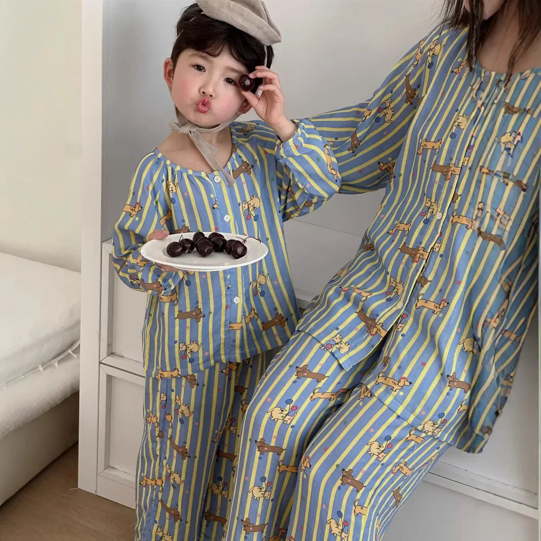 

2025 New Mom Kids Matching Pajaams Set Full Sleeve Cute Loose 2 Pcs Suit Thin Soft Sleepwear Children's Air-conditon Clothes Pjs