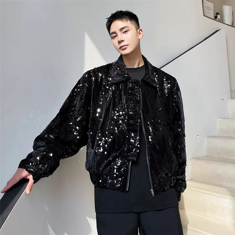 Autumn Sequin Decorative Jacket for Men Short Casual Social Streetwear Lapel Bomber Jacket Men Loose Stage Performance Costumes