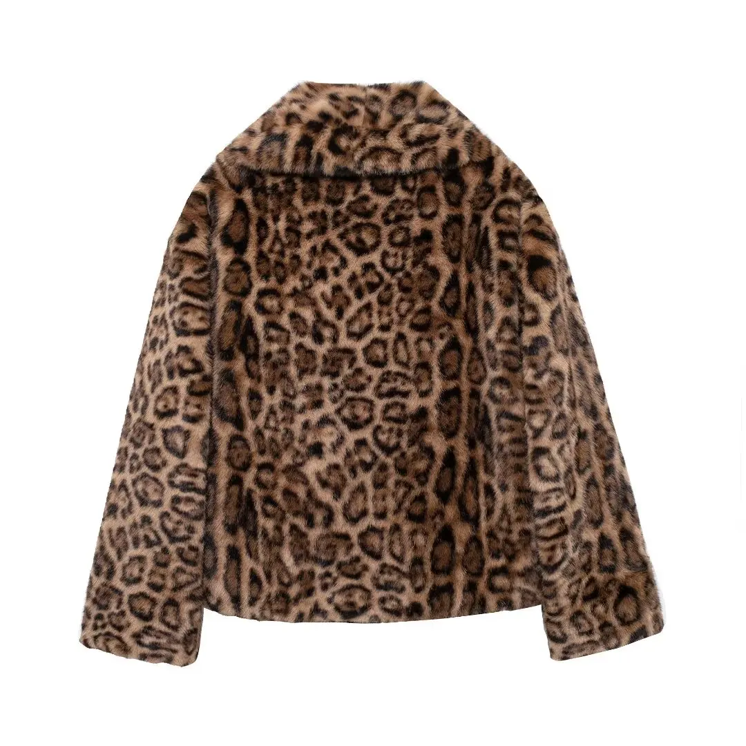 European and American style winter new fashion versatile lapel leopard print faux fur coat