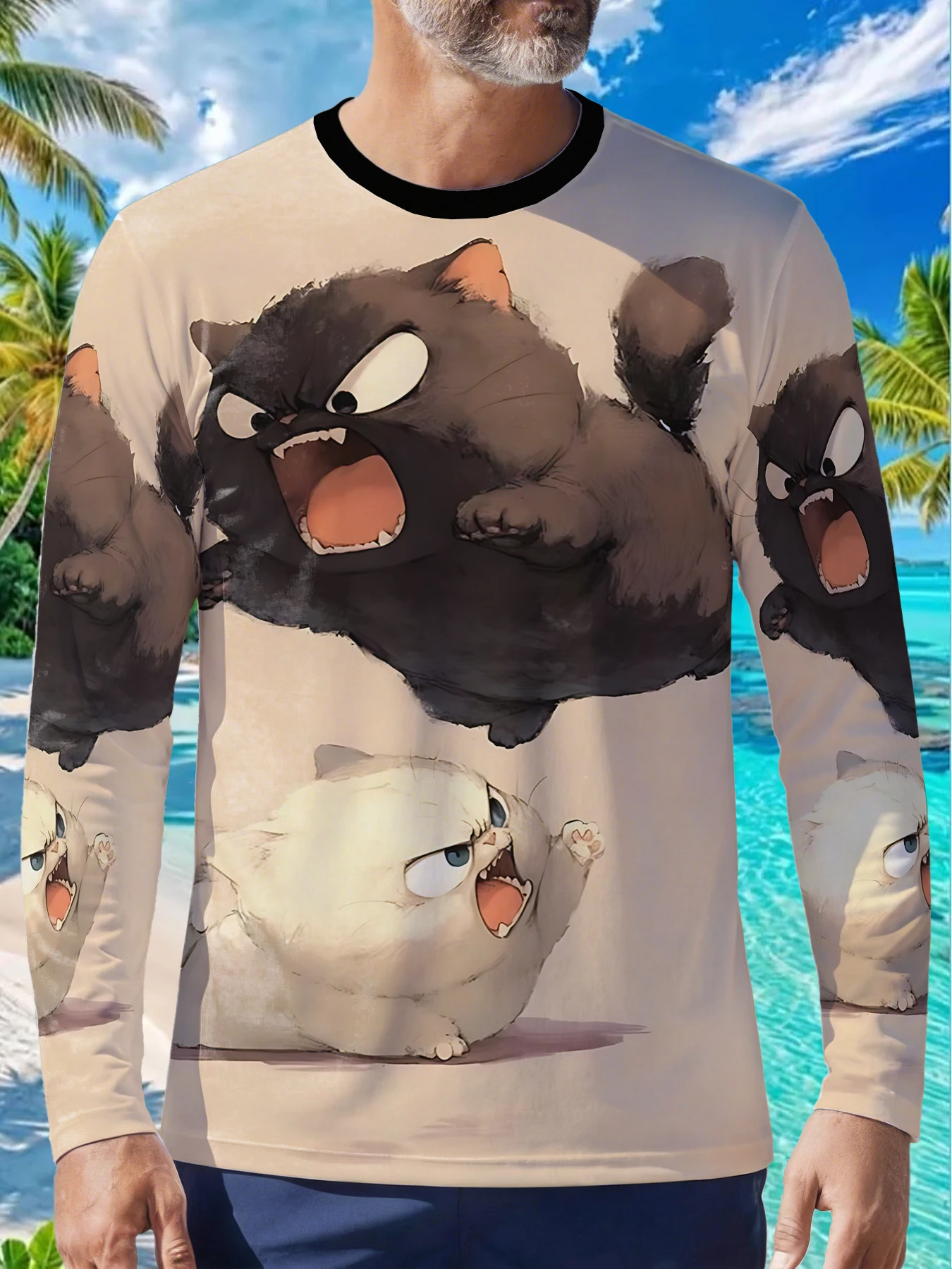 Cute Cat Kitten Feline Funny Mens Polyester Long Sleeve T Shirt Angry Black White Cat Print Graphic Tee Casual Streetwear Fall W