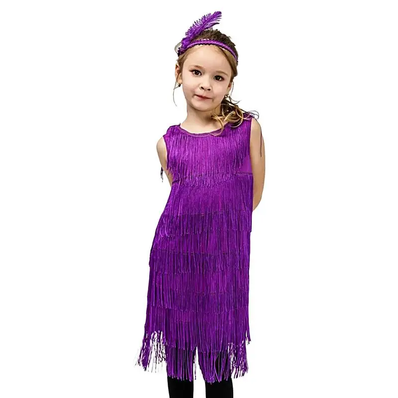 

Kids Sequin Fringe Dress Dancewear Dancer Outfits Twirly Dresses Tassel Sleeveless Sequin Dress For Little Girls 4-12 Years Old