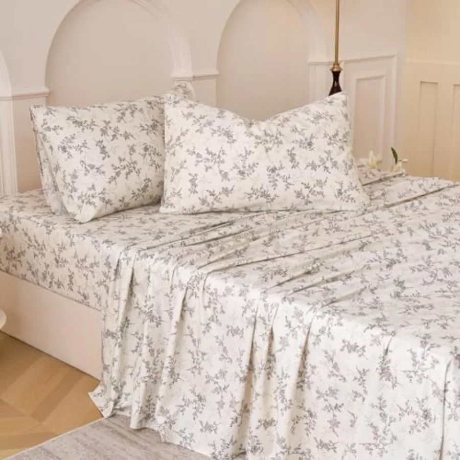 

Floral Bed Sheets Set 100% Cotton Percale Weave Bedding Size Toile Flower Printed Sheets Soft and Breathable Khaki Luxury Beddi