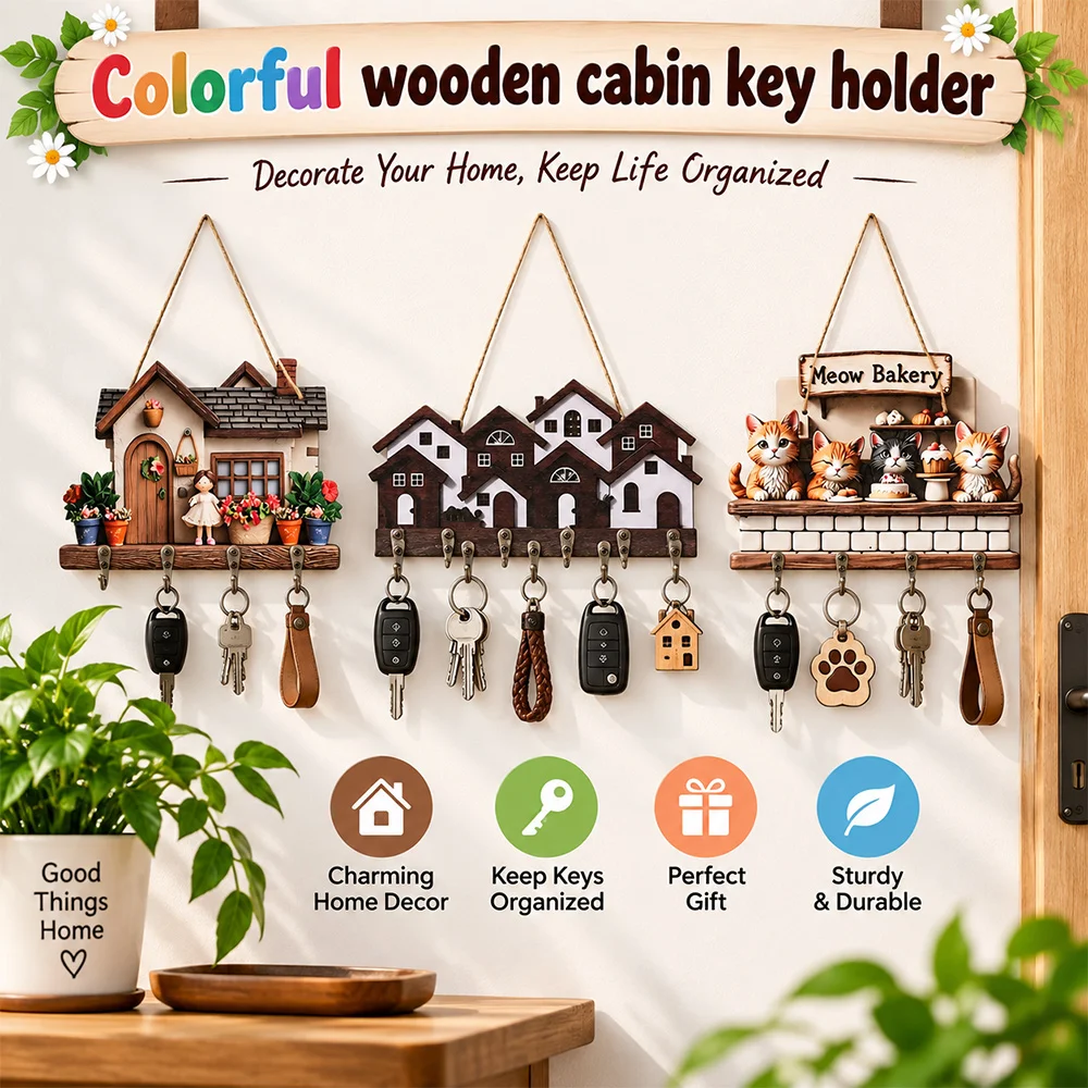 Gifts Wood Wooden Key Holder Colorful 2D Flat Wall Key Rack Wall Mounted House Shape Decorative Key Hanger Entryway Organizer
