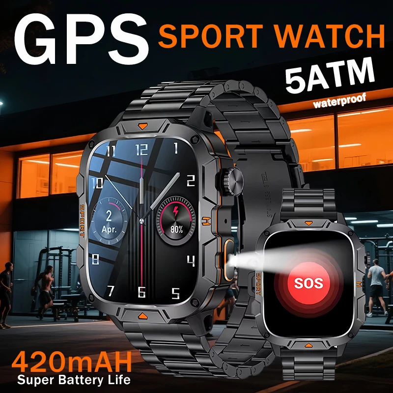 

Смарт-часы для спорта на открытом воздухе Xiaomi, GPS trackr, 5ATM, фонарик, 1,96 дюйма, HD-экран, Bluetooth-вызов, мужские фитнес-часы 2025