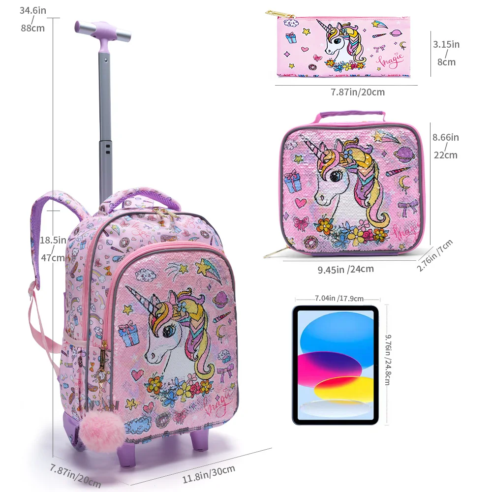 3PCS set Rolling Backpack For Girls Kids Wheeled School BookBag With Lunch And Pen Bag Pink Unicorn Cute sequin Glow-in-the-dark