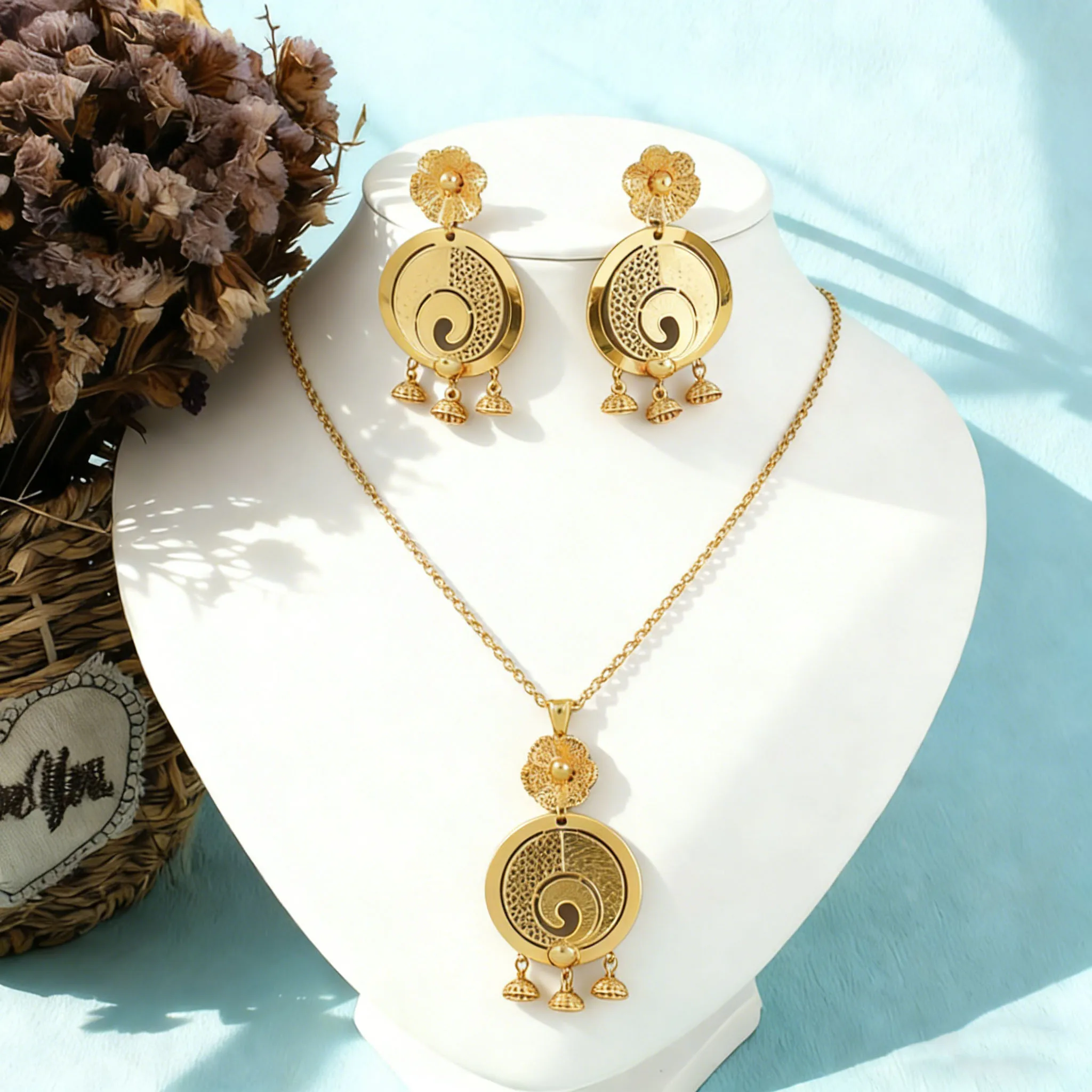 

Gold Plated African Tribal Jewelry Set Arabic Style Necklace Earrings Suite for Women Bold Ethnic Gift Party Daily Jewelry