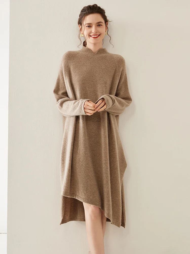 High Quality Autumn Winter Women Loose Sweater 100% Cashmere Soft Long Knitted Pullover Light Luxury Full Sleeve Length Dress