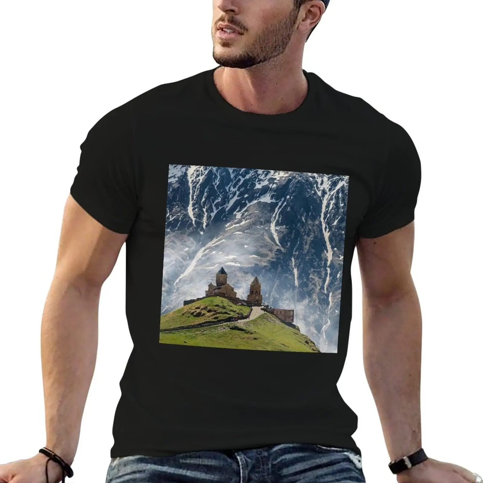 

Mountain drop back fit for man shirts T-Shirt Caucasus slim t Trinity Georgia, a Church as Gergeti