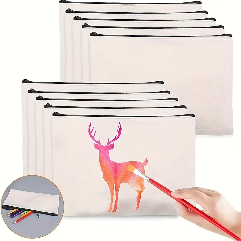 10 Pieces Blank Canvas Zipper Pencil Case Bulk Makeup Bags Stationery Boxes DIY Crafts Pencil Bag Office & Study Supplies image 3