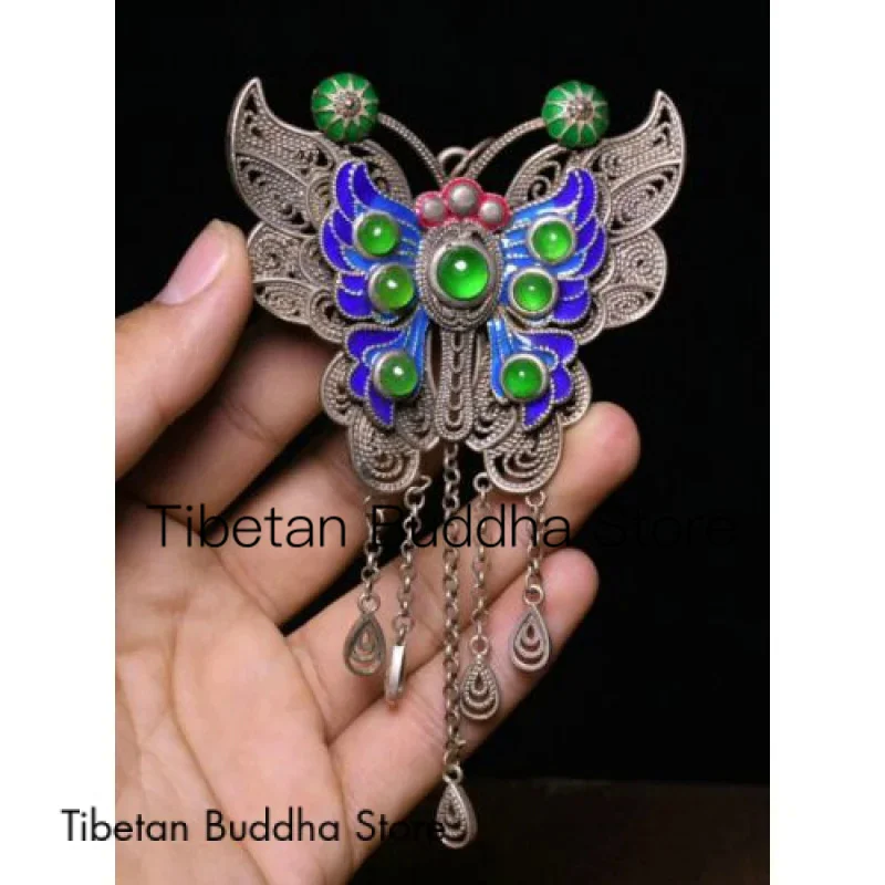 12CM Old Tibet Miao Silver Filigree inlay Green Jade Butterfly Amulet Pendant