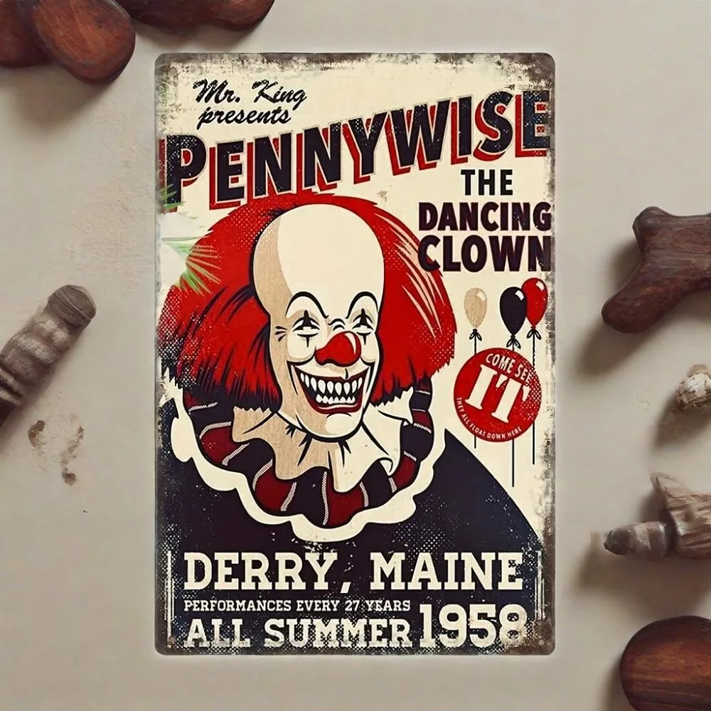 لوحة من القصدير - 1 لوحة جدارية كلاسيكية من الحديد الريفي، مهرج الرقص Pennywise |   ديكور ريترو من الألومنيوم للبار