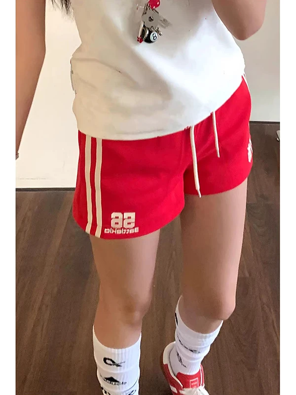 American Style Casual Pants Shorts Women Summer Red Design Belted Three-quarter Length Sport Shorts Outerwear Versatile Hot P...