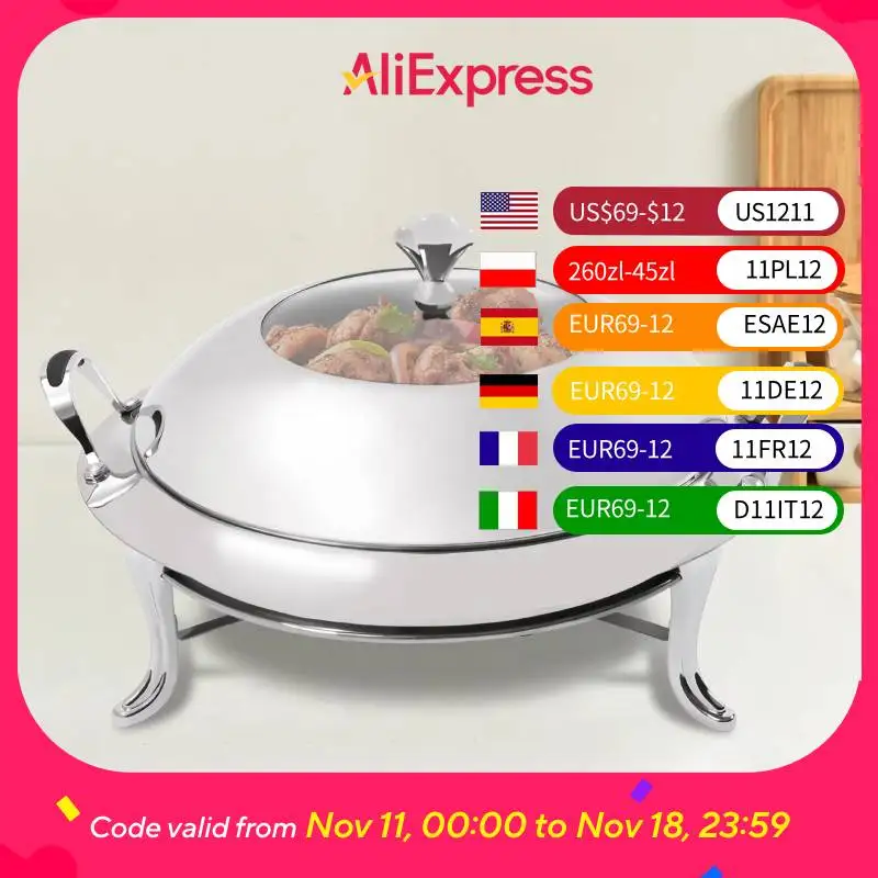 

28 см жаровня из нержавеющей стали, круглый прочный поднос для подогрева буфет, прочный каркас с крышкой и держателем для топлива для кухни