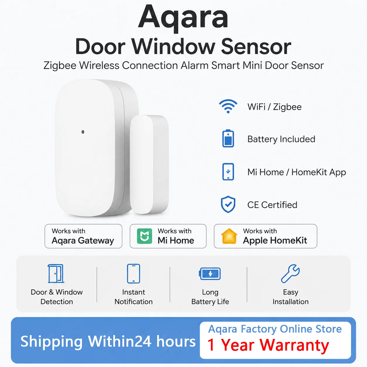 Aqara Door Window Sensor ZigBee Wireless Compatible with Aqara Gateway & Home HomeKit App Smart Home Anti-Theft Alarm Detector