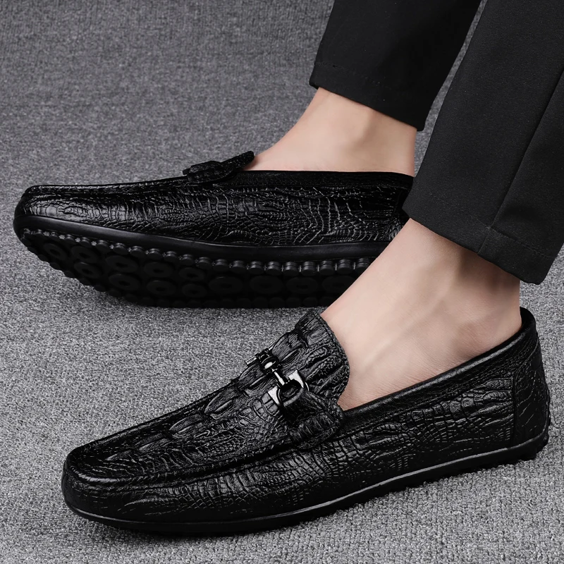 Italian Handmade Shoes Genuine Leather Black Formal Shoes Casual Loafers Men\'s Crocodile Pattern Fashion Check Moccasins Shoes