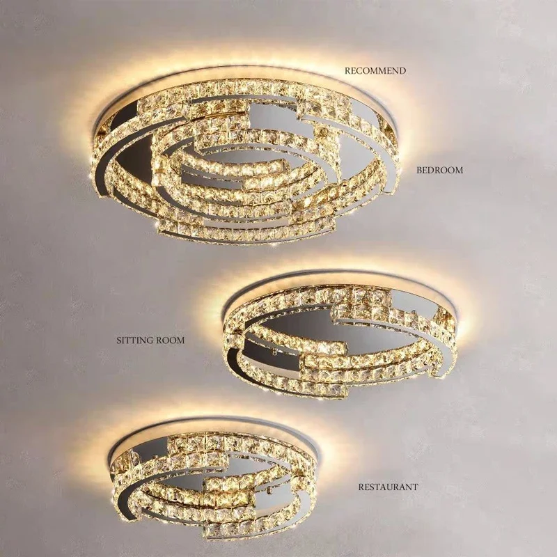 Modern Remote LED Crystal Ceiling Lamp for Living Room Bedroom Study Round Chrome Chandelier Celing Light