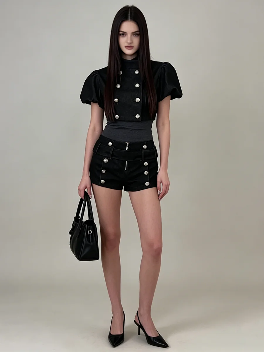 

LIMO Double Breasted Crop Blazer and High Waist Button Shorts 2-Piece Set