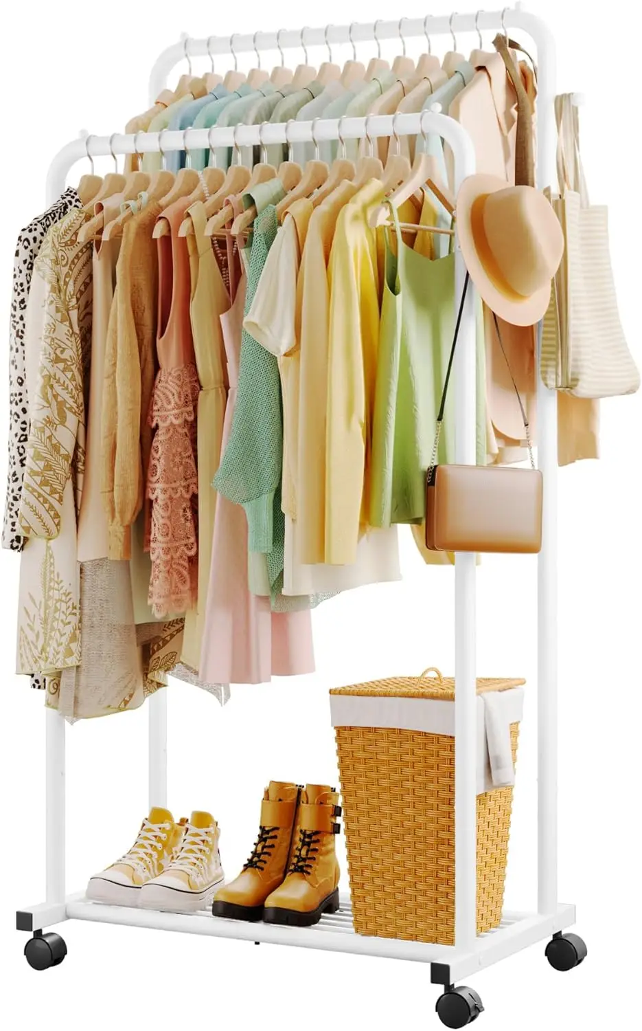 

Clothes Rack - Double Rods Clothing Rack with Mesh Shelf, Hooks & Wheels, Metal Clothing Racks for Hanging Clothes & Bags, Mu