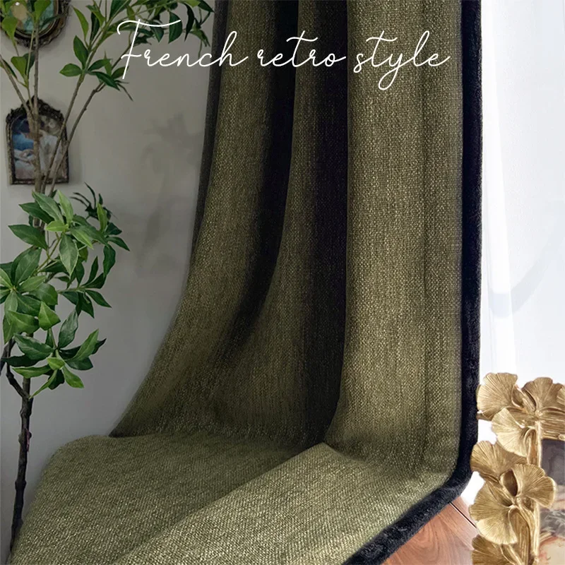 

Mid-century French Retro Dark Green Chenille Blackout Curtains for Living Room Bedroom Dining Luxury Window Decor Thickened