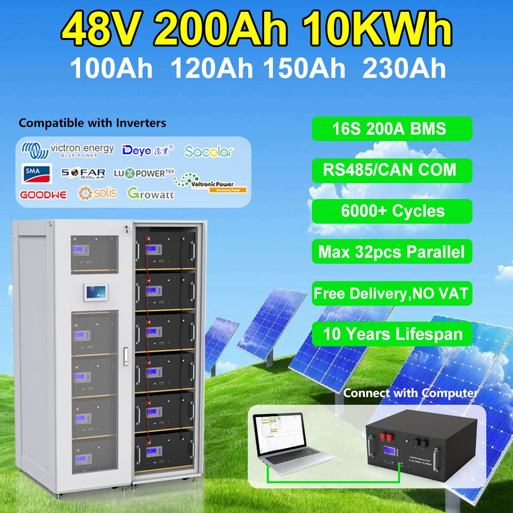 48V 200Ah 10KWh LiFePO4 Battery 150Ah 100Ah with 16S BMS RS485 CAN, Max 32pcs in Parallel Lithium Iron Phosphate Battery