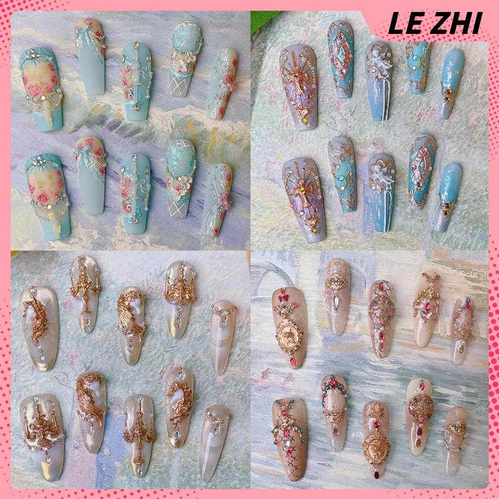 

Light Luxury Flash Diamond Cat Eyes Handmade Long Coffin Stilettos Fake Nail Gold Candlestick Horse Pearl Bowknot Press On Nails