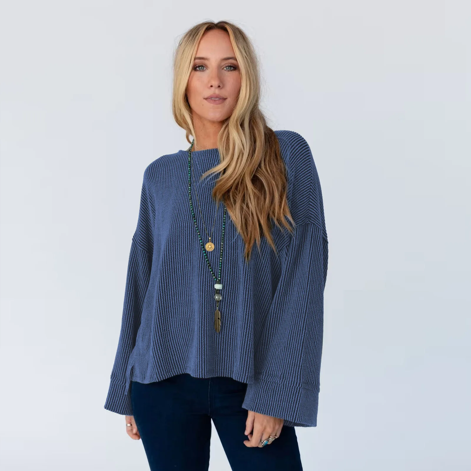 

Spring and Autumn Women's Loose T-shirt Threaded Long Sleeve O-neck Casual Fashion Pullover Top Trendy Versatile Basic Tees