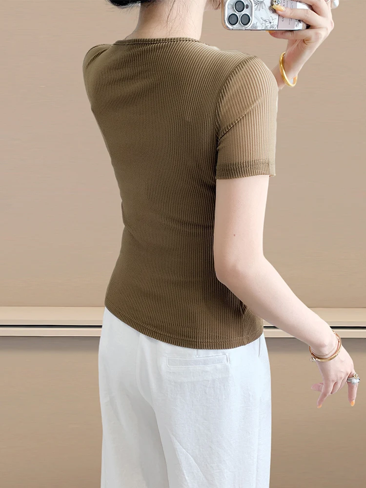 패셔너블 미 티셔츠 여성용 오트 스퀘어 칼라 장식 슬림핏 탑 한국 스타일 출퇴근복 여름 신상...