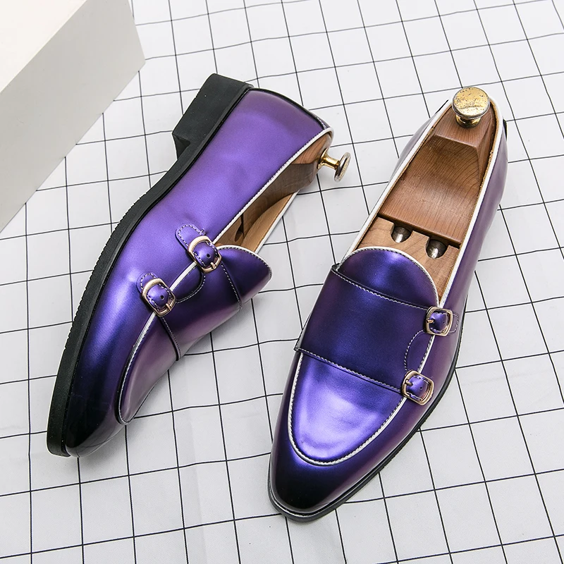 

2024 British Style Purple Pointed Men's Dress Shoes Large Size 38-48 Low-heel Leather Casual Shoes Men Slip-on Social Shoes Male