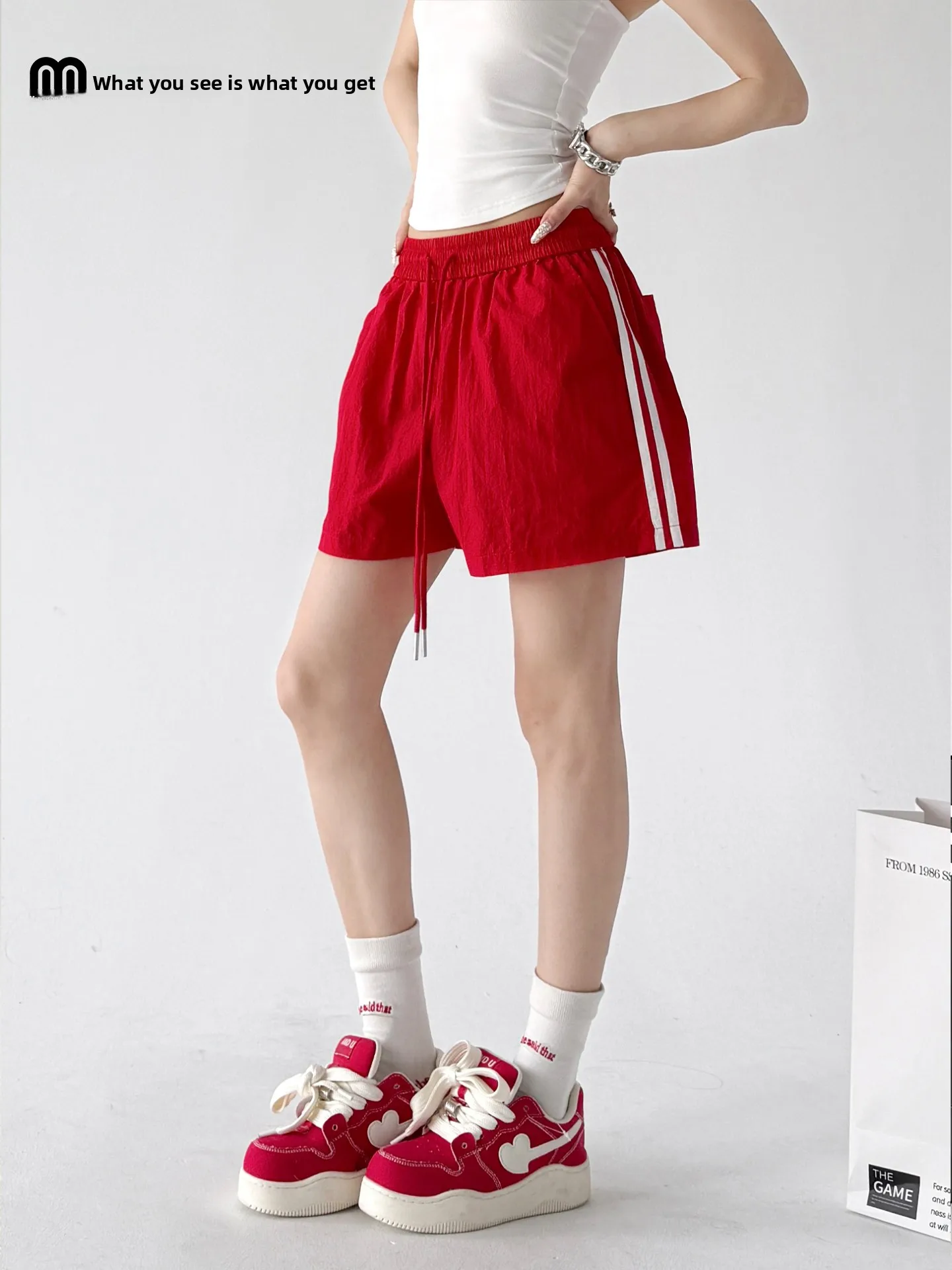 

Stylish High Waist Thin Short Pants Women's Summer Casual Wear Red Versatile Slimming Wide Leg Pants for Ladies