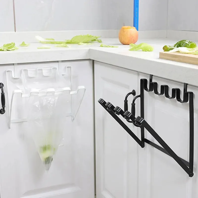 Foldable Garbage Bag Hanging Rack Kitchen Rubbish Holder Cupboard Over Door Storage Shelf Kitchen Cabinet Trash Bag Holder