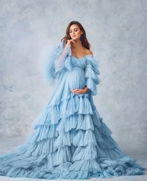 Absolutely New Design Tulle Maternity Dresses For Unforgetable Photoshoot Sky Blue Pregnant Women Gown For Babyshower