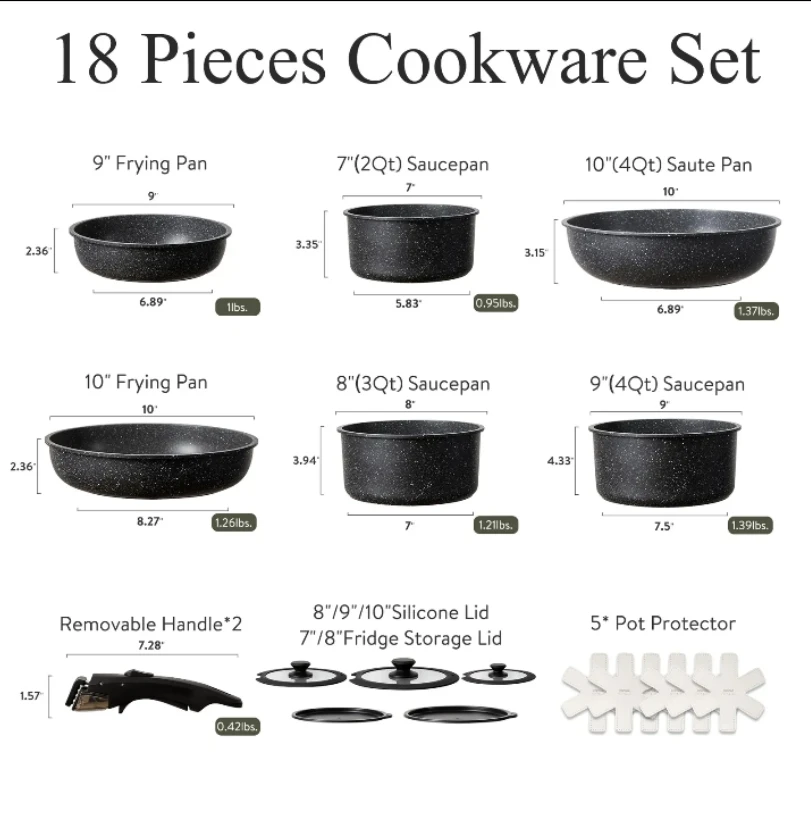 CAROTE 18pcs Black Removable Handle Pots Pans Set, Induction Kitchen, Oven Safe Sets Non Stick, Detachable Cookware set