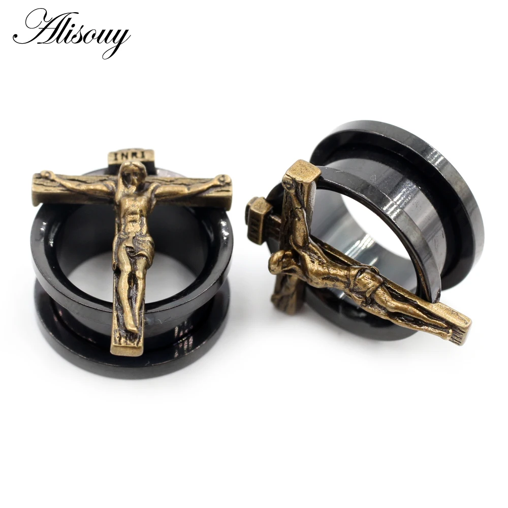 Alisouy 2PC Stainless Steel Ear Tunnel Plugs Expander Skull Flower Star Moon Dragon Cross Stretcher Gauges Body Piercing Jewelry