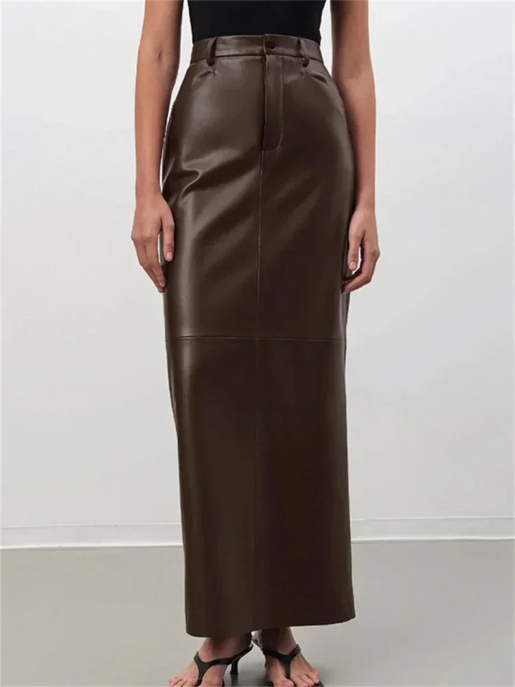 

Винтажная длинная юбка из искусственной кожи с высокой талией для женщин, лоскутная повседневная уличная одежда с карманами, осень 2024, женская однотонная макси-юбка