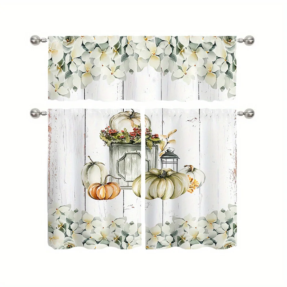  Fall Harvest Pumpkin White Flower Wood Grain Kitchen Curtain, Rustic Farmhouse Autumn Window Treatment for Home Decor