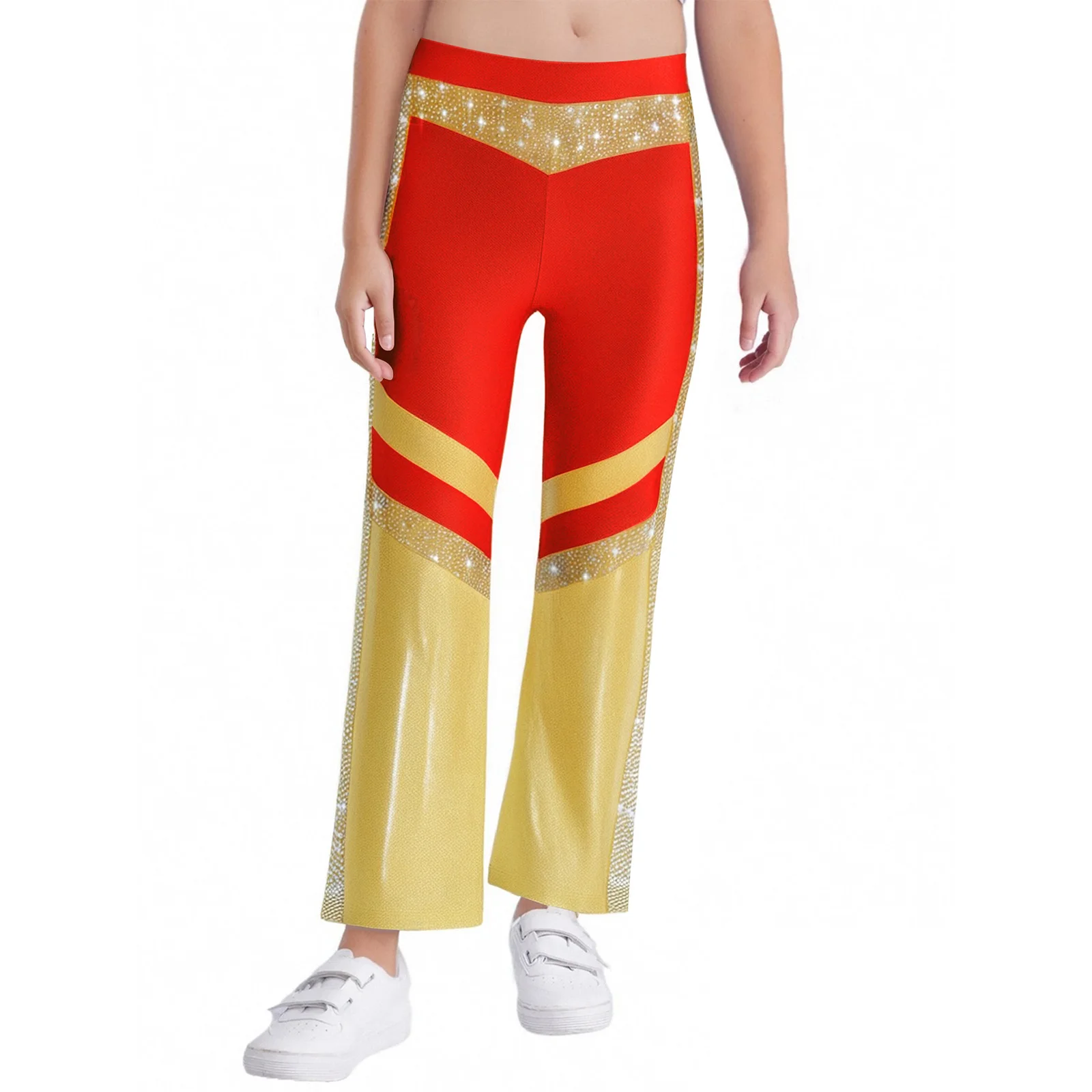 

‌Kids Girls Glamorous Bell-Bottom Dance Stretch Pants Elastic Waist Rhinestones Trendy Color for Ballet Acrobatics Competitions