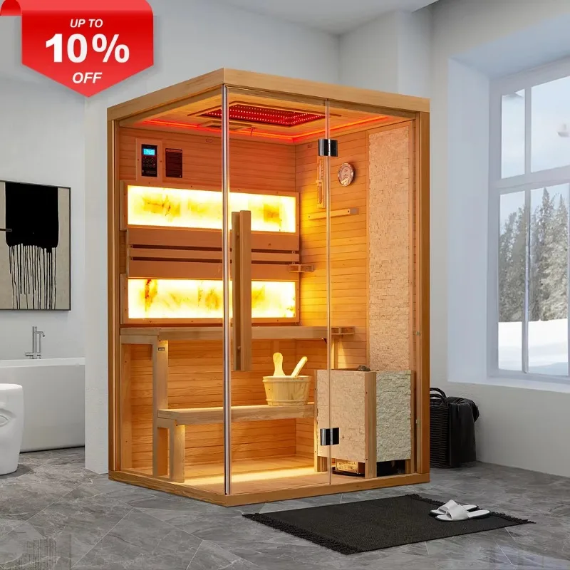 Infrared Wooden Sauna Cabin Hemlock 6 Person Canadian Hot Room Family Red Light Big Traditional Hemlock Room Sauna