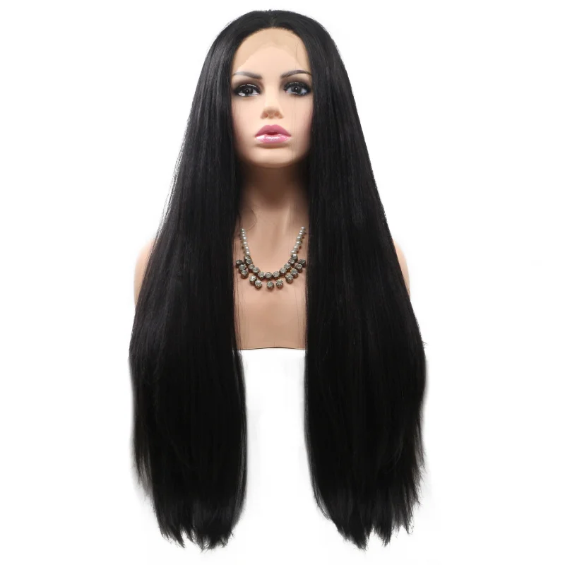 

Hand Hook Front Lace Synthetic Black Free Part Yaki Long Straight Hair Wig