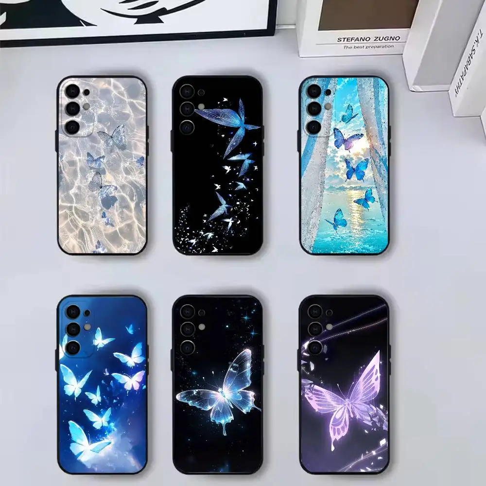 Aesthetic Blue Butterfly  Phone Case For Samsung S25,S24,S21,S22,S23,S30,Ultra,S20,Plus,Fe,Soft Silicone Black Cover