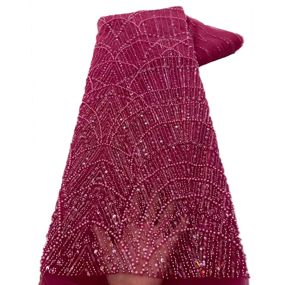 

French Tulle Dye Beaded Lace Fabric Nigerian New Arrival 5 Yards Pearl Sequins Embroidery Beads Lace Fabric For Wedding Dress