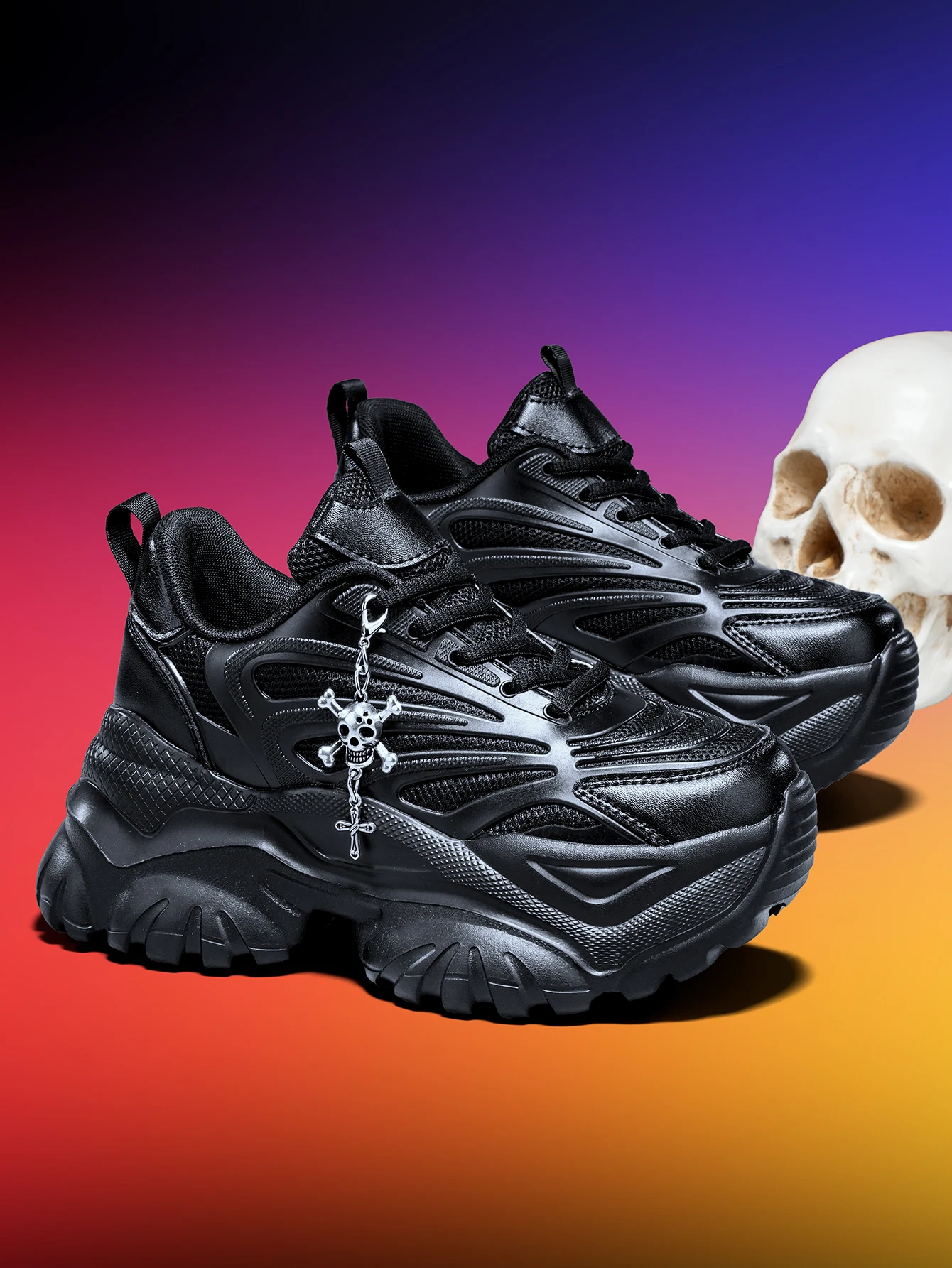 Damen-Outdoor-Allwetter-Modische Dad-Schuhe, Eva-Leichtgewicht-Sneaker mit dicker Sohle und 7 cm Absatzhöhe, orangefarbene Sportschuhe mit abnehmbarem silbernen Kreuz- und Totenkopf-Anhänger im Halloween-Punk-Stil, vielseitig einsetzbar für den täglichen Arbeitsweg und Fitness – Detail 33