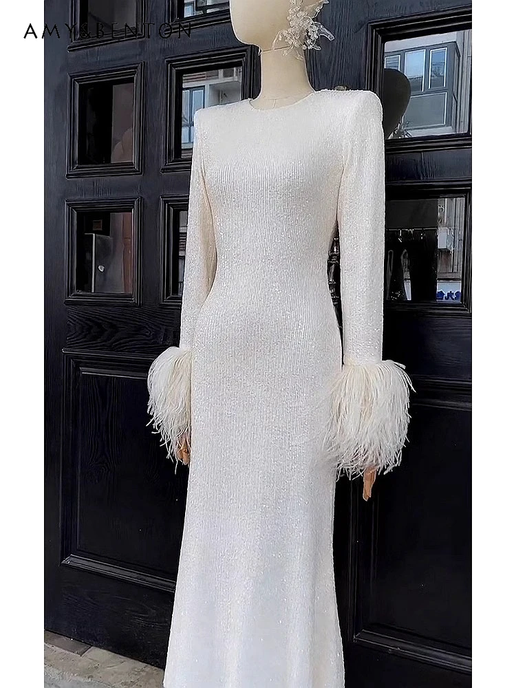 

Autumn New French High-end Temperament Ladies Annual Dinner Dress Heavy Industry White Rough Edge Slim Long Dress for Women