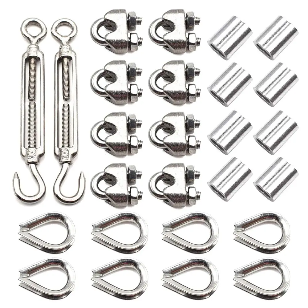 

304 Stainless Steel M6 Turnbuckle Wire Rope Kit Turnbuckle Thimble Wire Rope Cable Clamp Aluminum Crimping Loop for 1/4 Inch