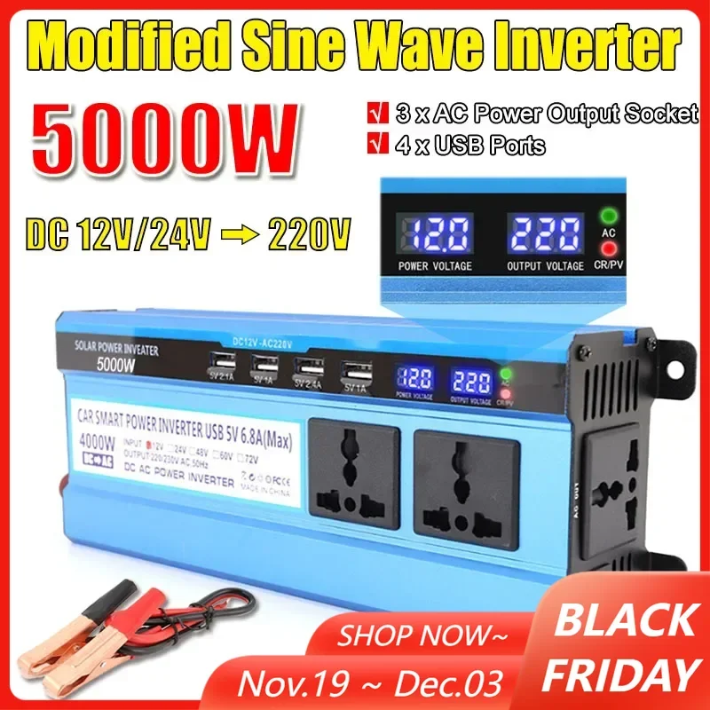 

3000/4000/5000W Modified Sine Wave Power Inverter Voltage Converter 4 USB Ports LCD Display 12V/24V TO 220V Portable Transformer