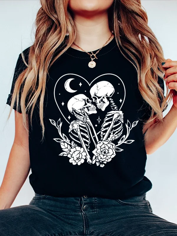 Vintage Romance Skull Lover Print Valentine's Day T-shirt 2024 Hot Sale Retro Cause Comfort Valentine's Day Couple Double Tee