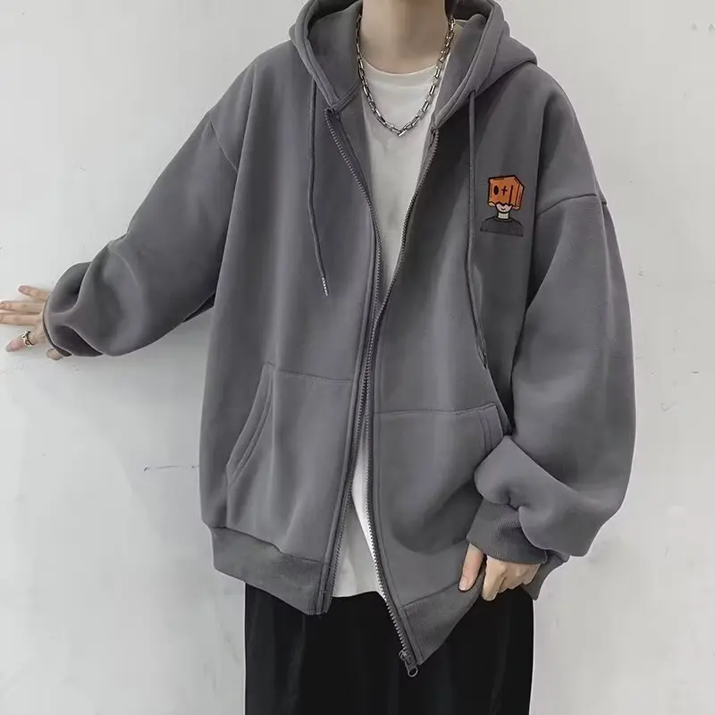 High Street Hoodie Men Solid Color Zip Up Long Sleeve Loose Jacket Coats Casual Hooded Sweatshirt Y2K Fashion Outdoor Clothes