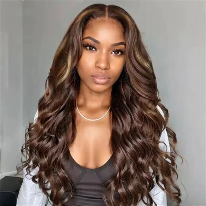 

Long Highlight Blonde Brown Soft 28" Wave 5x5 Silk Base Natural Jewish Human Hair Wig With Baby Hair HD Lace European Preplucked