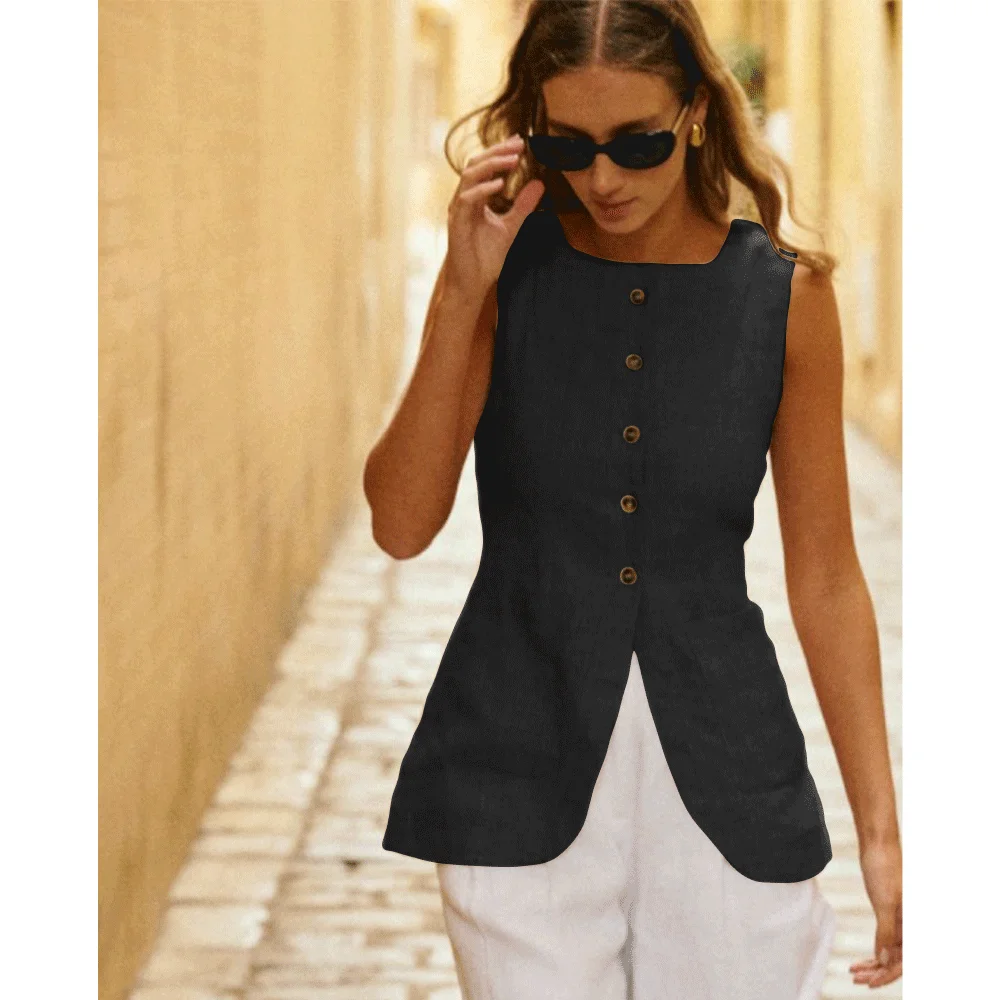 Zomer Damesvest Linnen Lichtgewicht Casual Dames Mouwloos Vest Single Breasted Vrouwelijke Top Chique Kleding Nieuwe Stijl